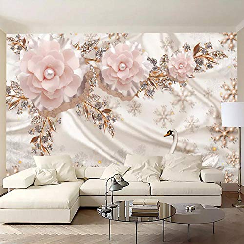 FIFIKOJ Photo Wallpaper 3D Luxo European estilo Swan Flores da sala de estar TV Background Wall Decor Wallpaper Mural@_450x300cm