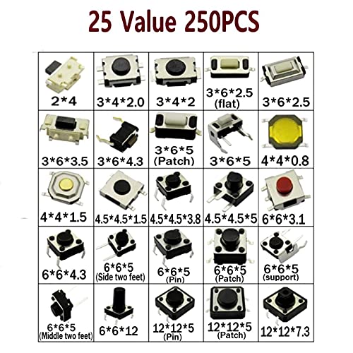 Dafurui 250pcs 25 Valores Chave de botão tátil SMD Micro Momentário Tact Switch Kit