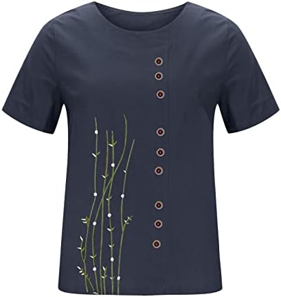 Tops de verão para mulheres de manga curta Button Crewneck decors t camisetas 2023 linho de algodão Baydoll tops plantas tees