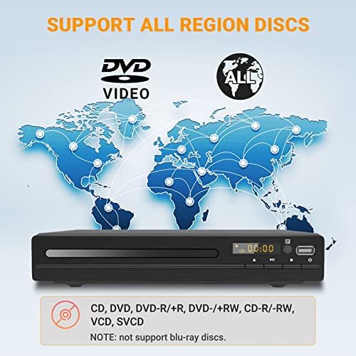 HD DVD Player para TV HDMI com Upscaling de 1080p, entrada USB, Cabo de saída HDMI/RCA incluído, toda a região, memória de