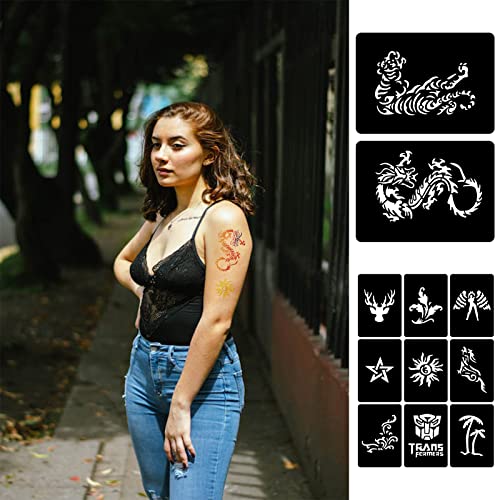 Punktum Henna Tattoo Stencils 96 PCs, 10 folhas Modelos de tatuagem preta, kit de tatuagem de hena reutilizável para mulheres adolescentes