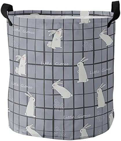 Cesta de lavanderia dobrável - 16,5 x 17 em lavanderia de armazenamento de coelho branco cesto com alças, letra de flores de
