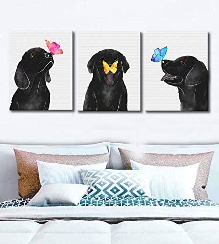 Klvos Dog Animal Wall Art para berçário Butterfly On Dog Nariz Kids Bed Decoração de parede 3 Painel de cachorro