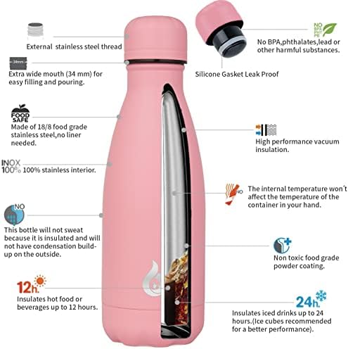 BJPKPK Aço inoxidável garrafas de água 12 onças garrafas de água isoladas viagens de água esportes garrafas de água, rosa claro