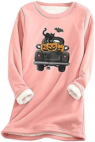 Mulheres camisas de manga comprida Sherpa quente forrado ladeado de lã Top Halloween Pumpkin Print Pullover Crewneck Sweethirts Loungewear