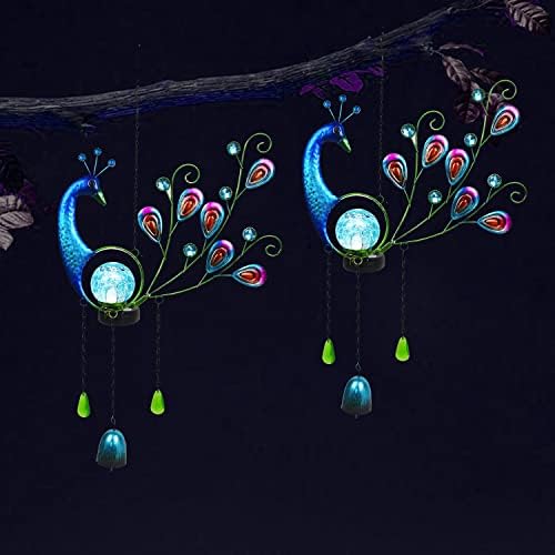 Keleamma Peacock Luzes solares ao ar livre de pavão de pavão luzes de jardim de metal com bola de vidro crackle, pavão