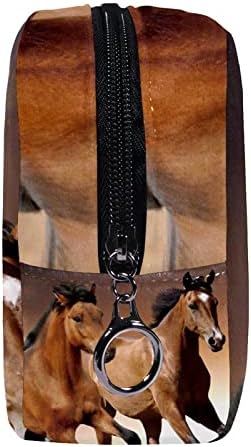 Pequeno bolsa de maquiagem, organizador cosmético de bolsa com zíper para mulheres e meninas, cavalos marrons de animais