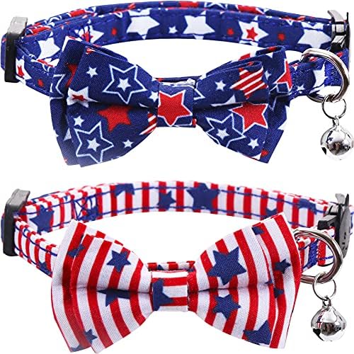 2 pacote colar de gato de bandeira americana com bell tie star breakaway ajustável no dia 4 de julho do Dia da Independência