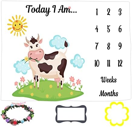 Cobertor de idade do bebê Lylycty, desenho animado Animal Baby Cow bebê Baby Milestone Blanket Gráfico de crescimento