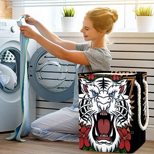 Cabeça de tigre com flores cesto de lavanderia cesto de roupa suja de roupas sujas de roupas de roupa de lavanderia