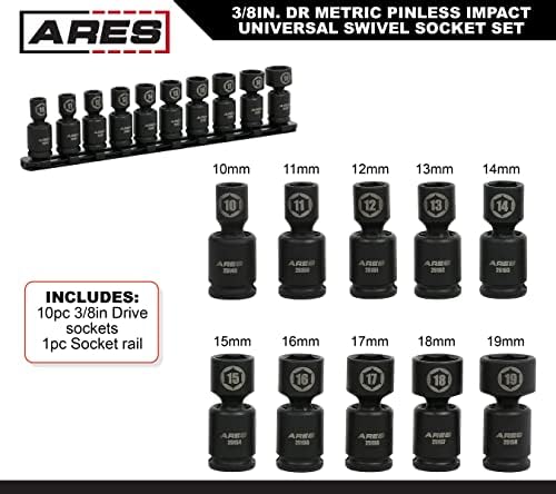 Ares 25148-10 Peças Setor de impacto sem pinos métricos sem pinos Conjunto de soquetes de impacto-3/8 de polegada Os soquetes