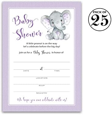 Convites de chá de bebê de elefante roxo neutro de gênero-pacote de 25-convites de preenchimento em branco do chá de bebê