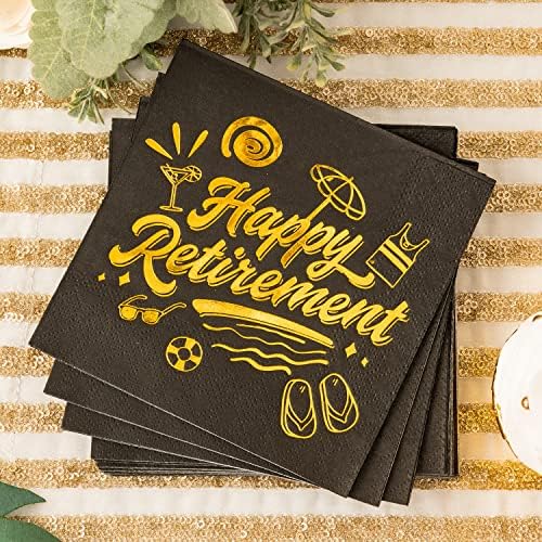 Guardanapos de coquetel feliz e feliz para decorações de festas de aposentadoria de festas de ouro preto decorações de mesa