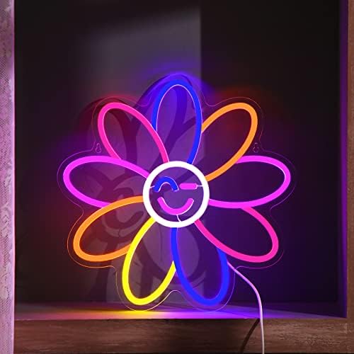 Ganeen girassol néon sinal led sorriso rosto neon luz arco -íris sinais de led de flores para decoração de parede