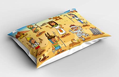 Ambesonne Cartoon Pillow Sham, personagens históricos do Egito com pirâmides Cleópatra King Mummy Design Image, Tamanho