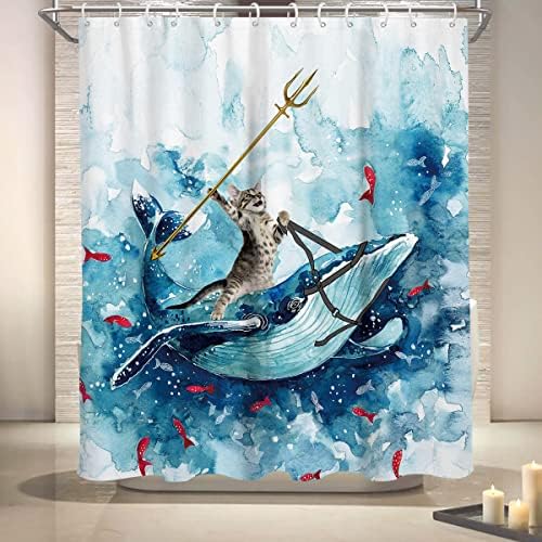 Coxila Curta de chuveiro de gato engraçado 60x72 polegadas fofas de baleia de baleia onda oceânica peixe hilariante cortina de cortina