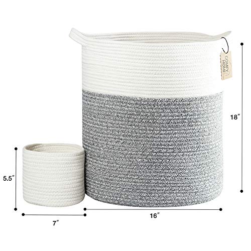 Cesta de corda alta confortável-homi 18x16 ”（Branco e cinza) e cesta de corda de algodão quadrado 13,5x11x9.5” com alça