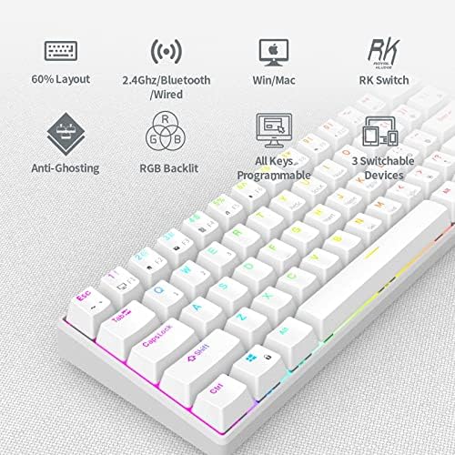 RK Royal Kludge RK61 60% do teclado mecânico com cabo enrolado, 2,4 GHz/Bluetooth/Wired, teclado sem fio Bluetooth