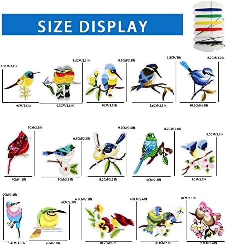 Modixun 15pcs Birds ferro em manchas, 15 padrões de manchas bordadas decorativas, costura/ferro em apliques de jeans, roupas,