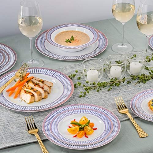 Laura Stein Designer Dinnerware Conjunto | 64 placas de festa plásticas descartáveis ​​| Placas de casamento branco, aro azul, detalhes