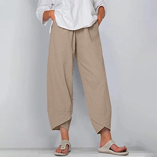 Calças de linho de Uofoco para mulheres cintura elástica casual calça largura de pernas largas com bolsos