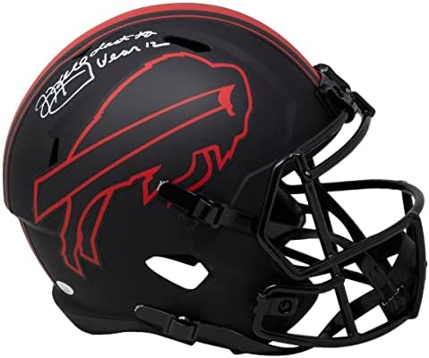 Jim Kelly assinou o capacete de réplica de velocidade em tamanho real e eclipse por último para usar 12 JSA ITP - Capacetes NFL
