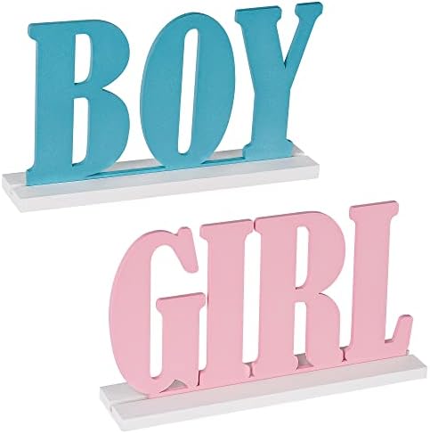 Sinal de menino ou menina - decoração de mesa de madeira azul e rosa ， para revelação de gênero e suprimentos para