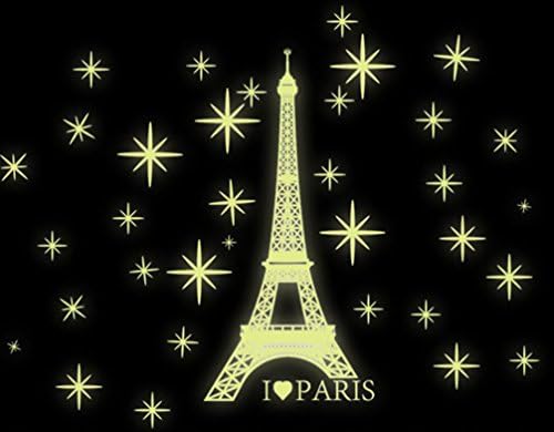 Bibitime Glow in the Dark Decals I Love Paris Eiffel Tower Wall Starts Stars Home Room Decor for Bedroom
