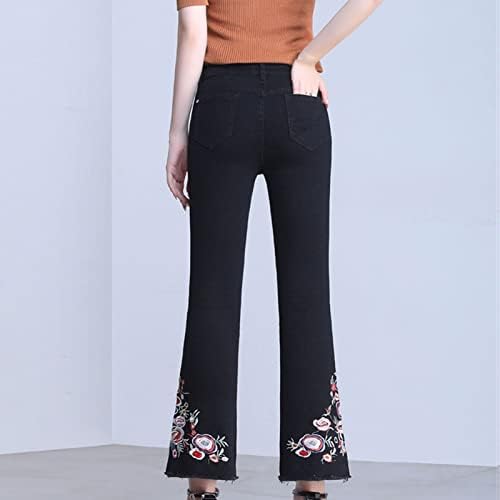 Maiyifu-gj feminino floral bordado skinny flare jeans jeans alta cintura sino calça jeans de jeans lavados destruídos