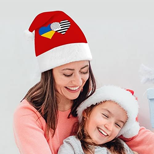 Bandeira da Ucrânia e bandeira americana chapéu de Natal Papai Noel Hats Plush curto com punhos brancos para homens Mulheres Decorações