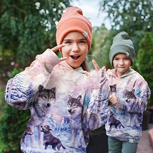 Hoodie Kyku Wolf for Kids 3D Print Pink Wolves Sweatshirt para meninos Pullover adolescente Sweethirts 6-16 anos com bolso