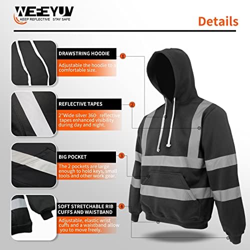 Wefeyuv High Visibility Ansi Classe 3 Trabalho de segurança com capuz Sweethirts Pullover para homens