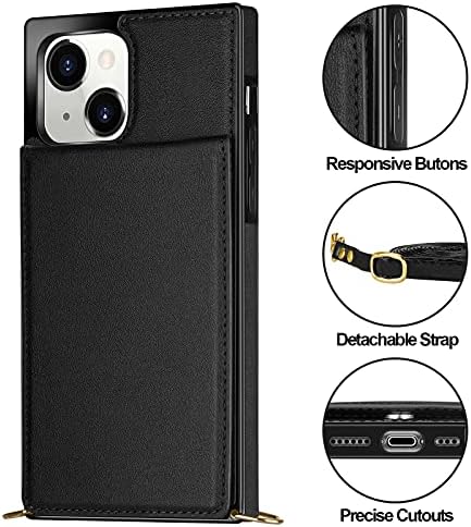 Vofolen Compatível com o iPhone 13 Wallet Case With Credit Card Card Lanyard Crossbody Strap Leather Clop Magnetic Kickstand Tampa de proteção quadrada de proteção pesada para iPhone 13 6.1 Black