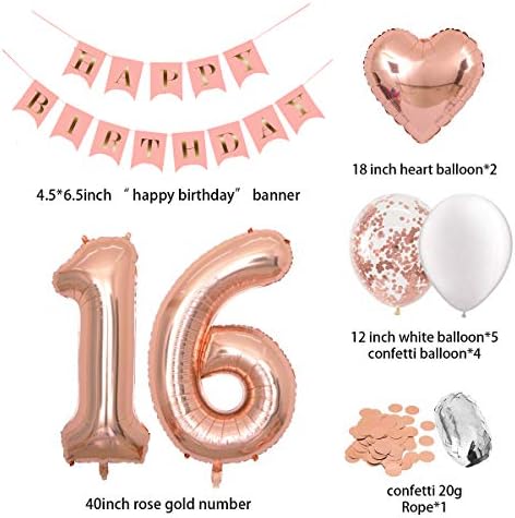 Sweet 16th Decorações Pink Feliz Aniversário Banner 40 polegadas Número de ouro rosa 16 Balões de confete de ouro rosa Balões 1 de