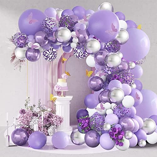Balões roxos Garland Arch Kit, 144pcs Lavanda Purple Pastel Confetti Balões com balões brancos prateados para meninas Butterfly Baby