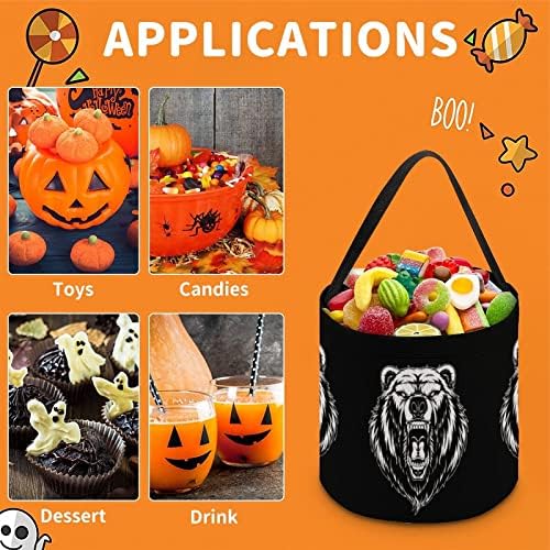 Cabeça um feroz de truque de Halloween urso de urso ou trate balde de balde reutilizável com alça para presentes de festa