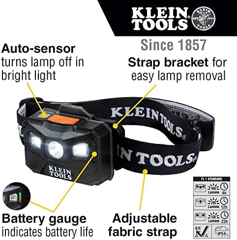 Klein Tools 56048 farol de LED automático recarregável, alça de tecido ajustável, 400 Lms, tempo de execução durante todo o dia, para