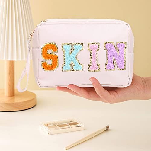 Oaesc nylon bolsa cosmética chenille patches maquiagem de lanches à prova de viagem à prova d'água com pulseira para mulheres