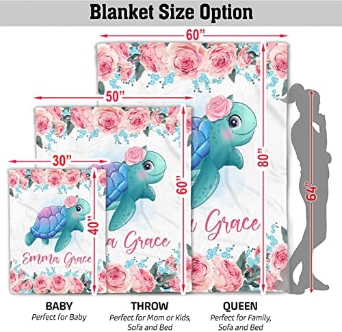 Cobertor de bebê de tartaruga personalizado, cobertores de tartaruga de rosas, cobertor de bebê de tartaruga marinha, cobertor de