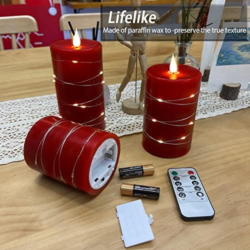 Fanzir Red Celas sem chamas de bateria de bateria com luzes de cordas, velas tremeluzentes com controle remoto e velas LED de LED