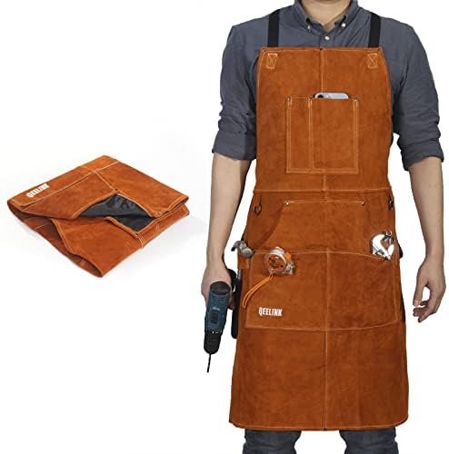 QEELINK Soldagem de couro avental com 6 bolsos de ferramentas, avental resistente a calor e chama, 24 x 36, ajustável m a xxxl