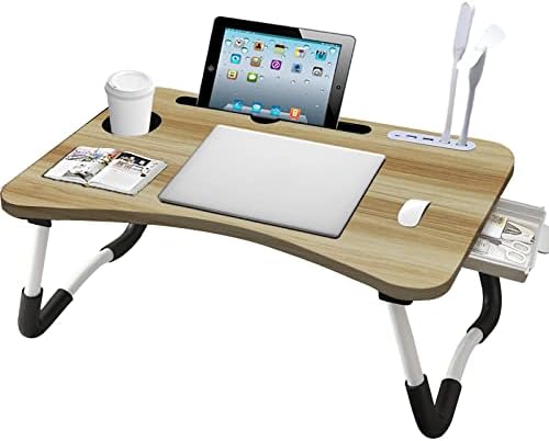 Mesa de laptop, mesa de volta, bandeja de cama dobrável, mesa de volta para dormir com porta de carga USB/porta-copo/gaveta