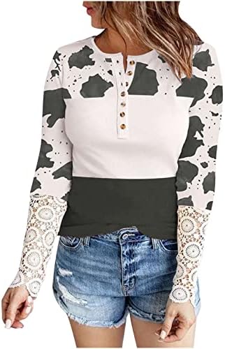 Tops de manga comprida feminina Button V Lace de pescoço de renda Henley camisas de leopardo bloco colorido bloco de