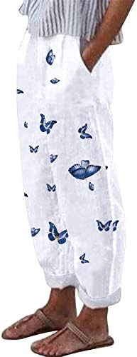 Calças de linho de algodão casual de verão para mulheres calças de perna reta larga com cintura alta com bolsos confortáveis