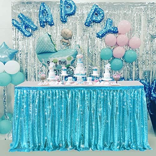Saias de mesa de lantejoulas azuis de 6 pés para mesas de retângulo ou mesas redondas com decoração de comprimido de tecido