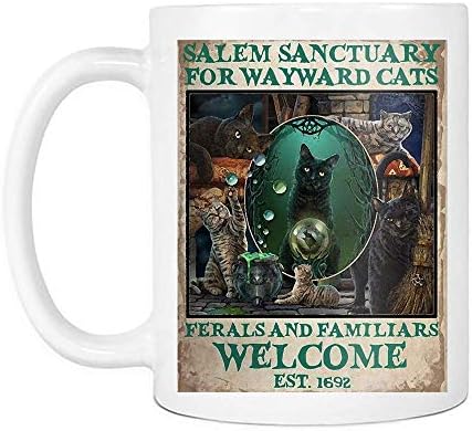 Salem Santuário para Cats Wayward Caneca, Halloween Cat preto Cat Canecas de café dizendo Branco, 11oz
