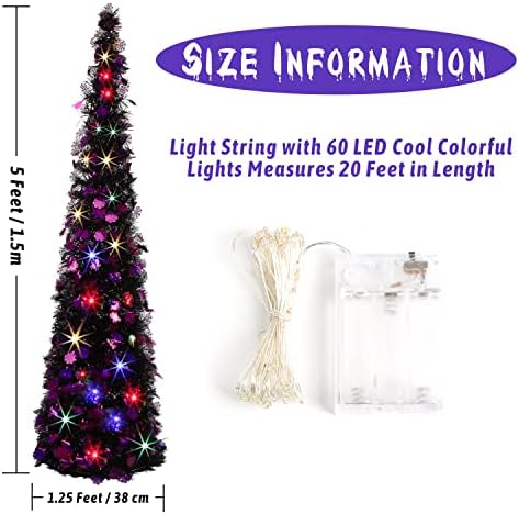 CCINEE 5ft Tinsel Pop-up Artificial Halloween Christmas Tree, por árvore dobrável preta iluminada com aranhas roxas e decorações