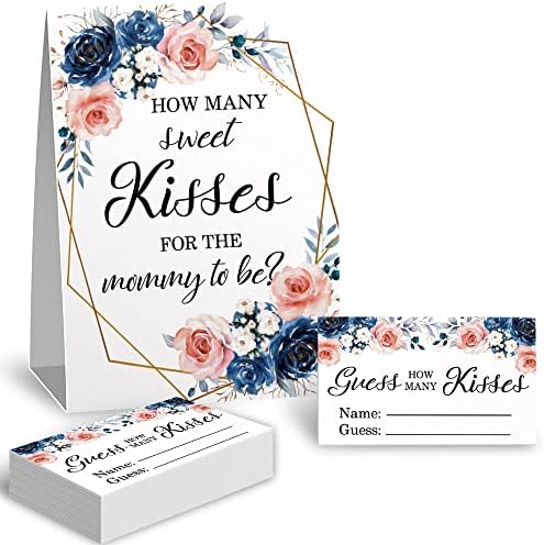 Doces beijos adivinhando o kit de cartas de jogo de festa do chuveiro de noiva, tema floral azul rosa Bridal Shower