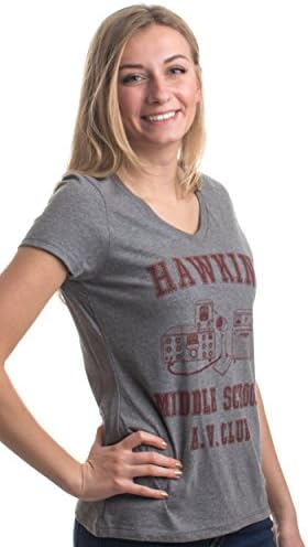 Hawkins Middle School A.V. Clube | Top de camiseta de decote em V Av Hawkin Women dos anos 80