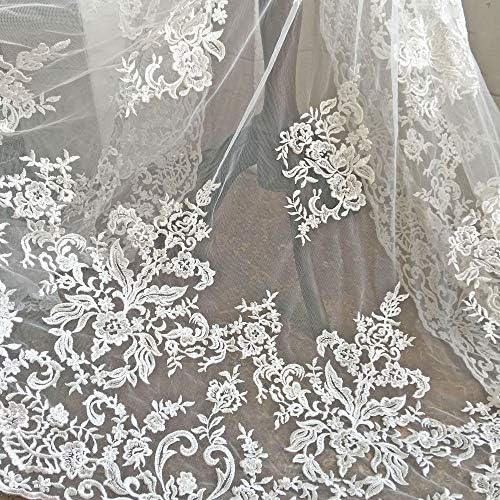 Tecido de renda de craucada vintage bordado fino bordado floral malha de renda floral gaze esbranquiçada para vestidos de noiva
